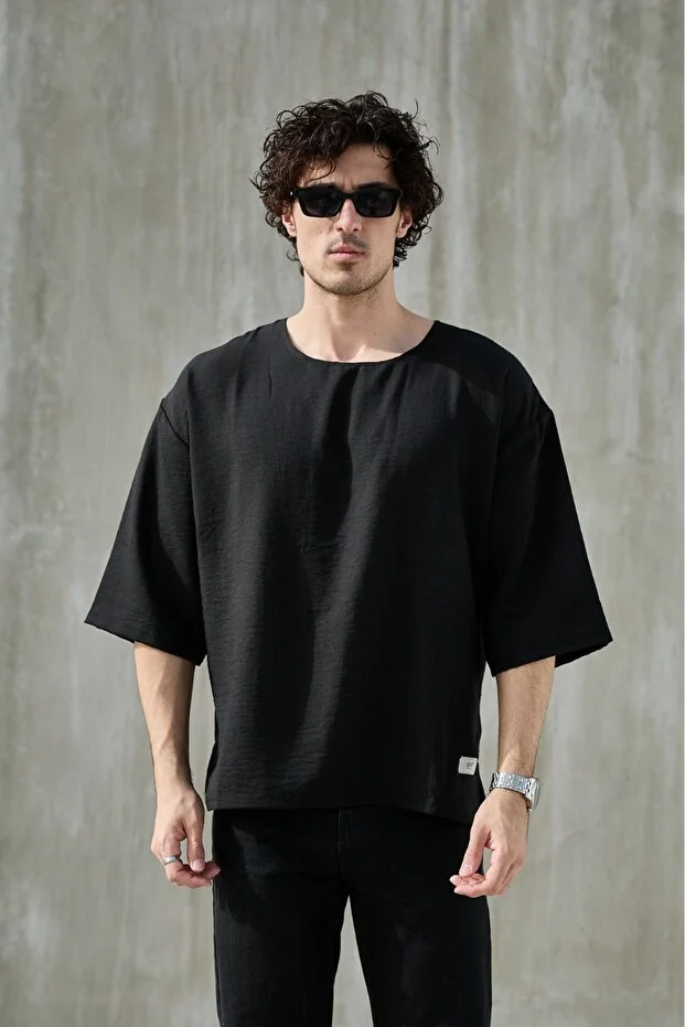 Erkek Fakir Kol Oversize Keten Görünümlü T-shirt